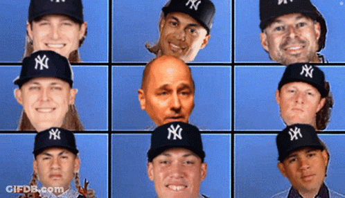 A Bunch Of People Wearing Ny Hats With Their Faces Cut Out GIF