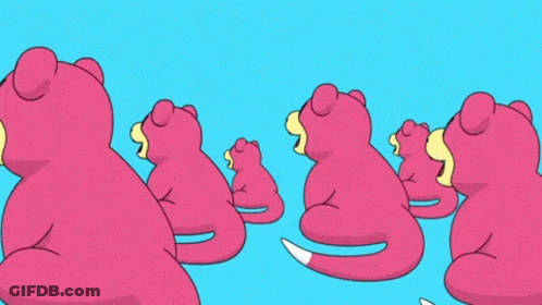 A Bunch Of Pink Cartoon Characters With A Blue Background GIF
