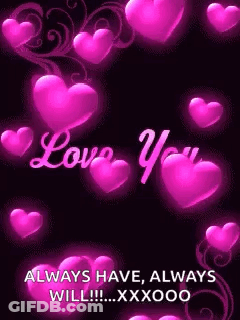A Bunch Of Pink Hearts With The Words `` Love You '' Written On Them . GIF