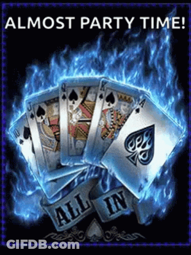 A Bunch Of Playing Cards Are On Fire With The Words `` Almost Party Time '' Written On The Bottom . GIF