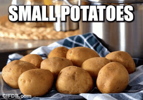 A Bunch Of Potatoes Sitting On A Towel With The Words Small Potatoes Above Them GIF