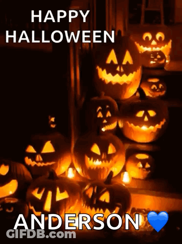 A Bunch Of Pumpkins Are Lit Up With The Name Anderson On The Bottom GIF
