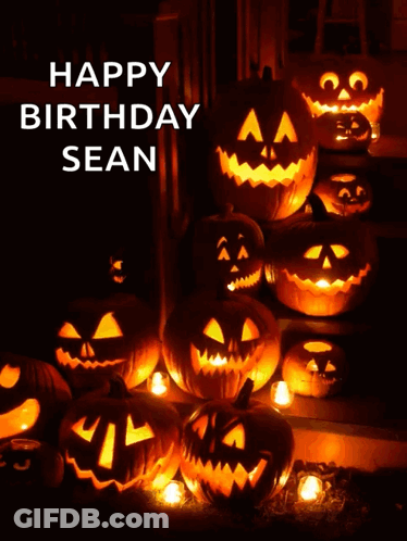 A Bunch Of Pumpkins Are Lit Up With The Words Happy Birthday Sean On Top GIF