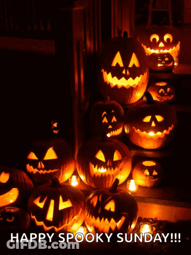 A Bunch Of Pumpkins Are Lit Up With The Words Happy Spooky Sunday Written Below Them GIF