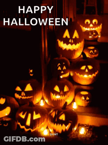 A Bunch Of Pumpkins With Faces Carved Into Them And The Words Happy Halloween On The Bottom GIF