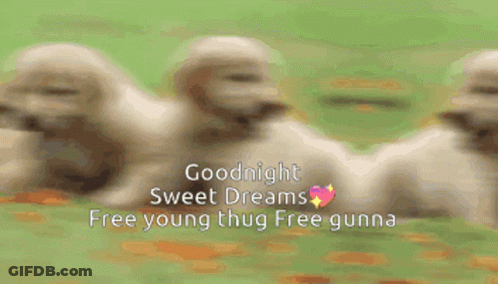 A Bunch Of Puppies Are Laying In The Grass With The Words " Goodnight Sweet Dreams Free Young Thug Free Gunna " GIF