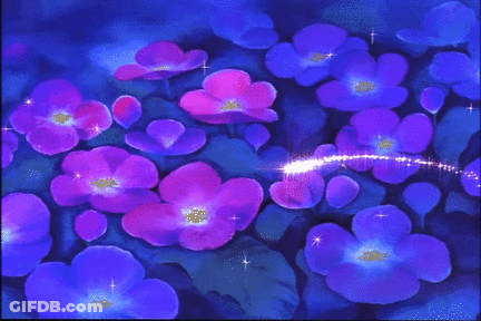A Bunch Of Purple Flowers On A Blue Background With Sparkles GIF