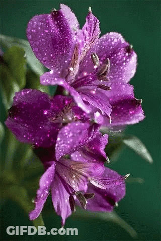 A Bunch Of Purple Flowers With Water Drops On Them GIF