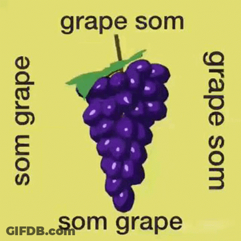 A Bunch Of Purple Grapes With A Green Leaf On A Yellow Background With The Words Grape Som Som Grape . GIF