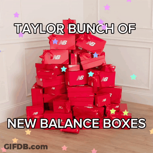 A Bunch Of Red Boxes With New Balance On Them GIF