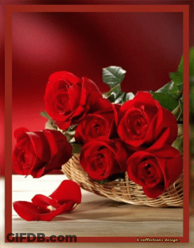 A Bunch Of Red Roses In A Basket With Petals On The Table GIF