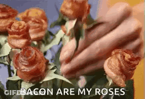 A Bunch Of Roses Made Out Of Bacon With The Words `` Bacon Are My Roses '' Written On The Bottom . GIF
