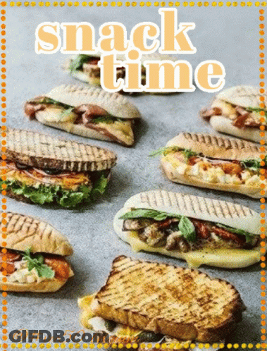 A Bunch Of Sandwiches On A Table With The Words Snack Time GIF
