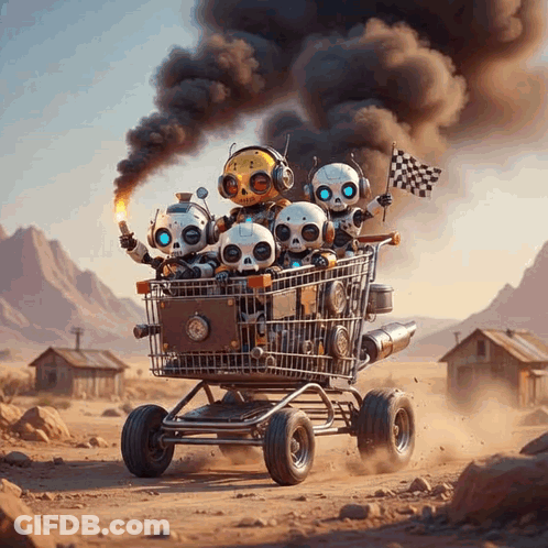 A Bunch Of Skulls Are Riding In A Shopping Cart GIF