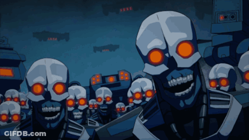 A Bunch Of Skulls With Red Eyes Are Standing In A Dark Room With The Letters Ssss On The Bottom GIF