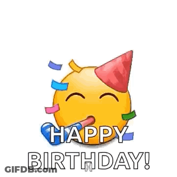 A Bunch Of Smiley Faces Wearing Party Hats And Blowing Party Horns Are Flying Around A Birthday Cake . GIF