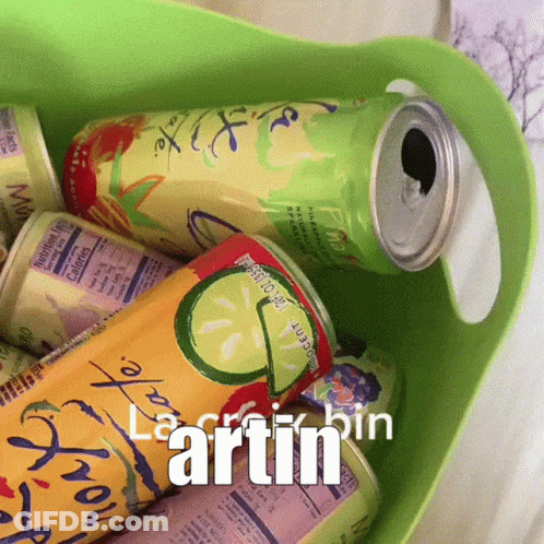 A Bunch Of Soda Cans In A Green Bin With The Word Artin Written On It GIF