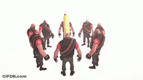 A Bunch Of Soldiers Are Standing Around A Banana GIF