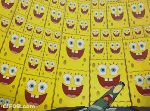 A Bunch Of Spongebob Squarepants Faces Are Lined Up On A Wall GIF