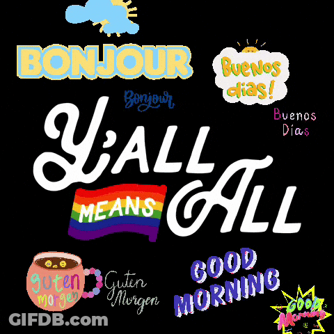 A Bunch Of Stickers On A Black Background That Say Bonjour Y'all Means All GIF