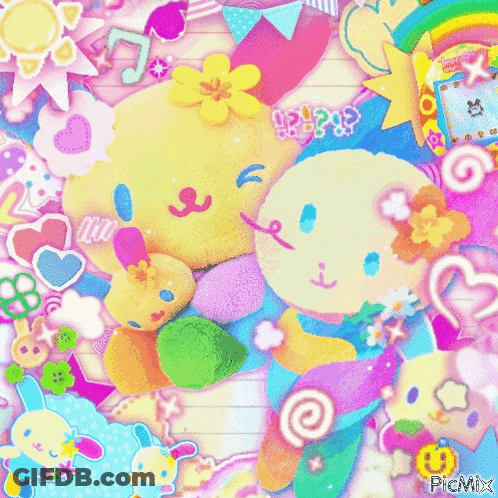 A Bunch Of Stuffed Animals Are On A Pink Background . GIF