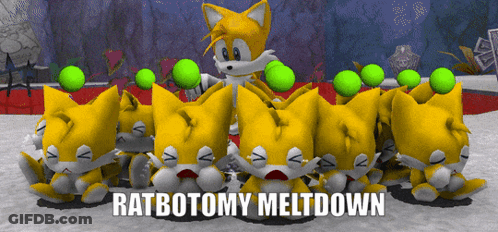 A Bunch Of Stuffed Tails With The Words Ratbotomy Meltdown Above Them GIF