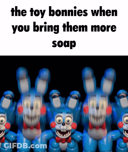 A Bunch Of Toy Bonnie Rabbits Are Lined Up In A Row GIF