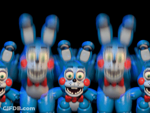 A Bunch Of Toy Bonnie Rabbits Are Standing In A Line GIF