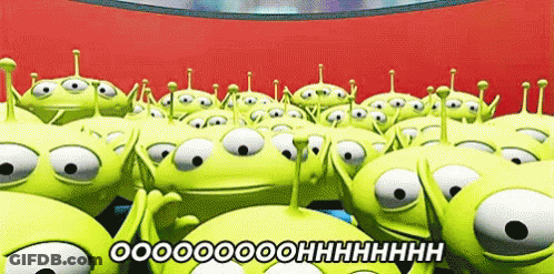 A Bunch Of Toy Story Aliens Are Standing Next To Each Other On A Red Background GIF