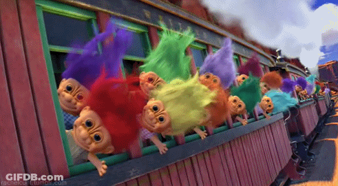 A Bunch Of Trolls Are Looking Out Of A Window GIF