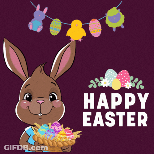 A Bunny Holding A Basket Of Easter Eggs With The Words Happy Easter Written Below It GIF