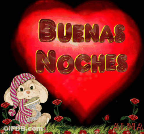 A Bunny Holding A Cup With The Words Buenas Noches Written On It GIF