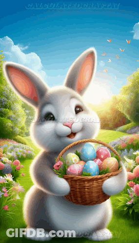 A Bunny Is Holding A Basket Of Easter Eggs In A Garden GIF