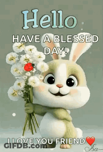 A Bunny Is Holding A Bouquet Of Flowers And A Ladybug . GIF