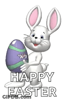 A Bunny Is Holding A Purple And Green Easter Egg . GIF