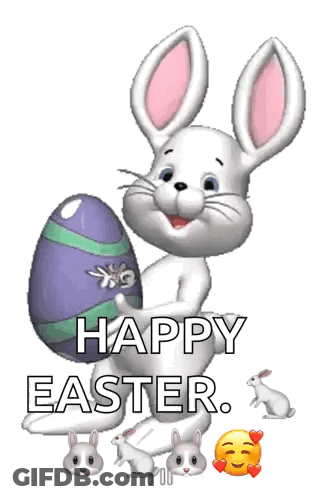 A Bunny Is Holding An Easter Egg And Saying Happy Easter GIF