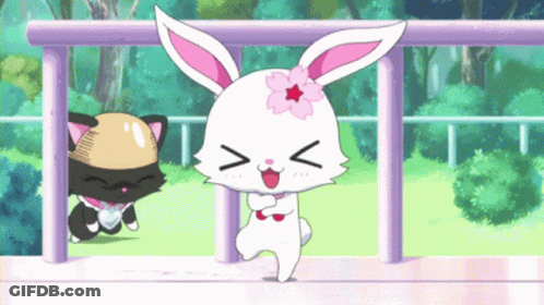 A Bunny With A Flower On Its Head Is Dancing With A Cat Behind It GIF