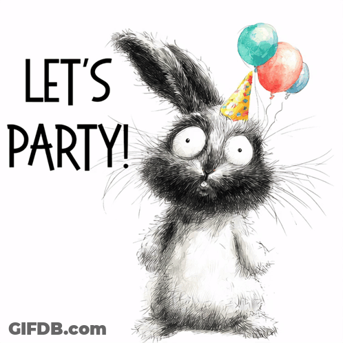 A Bunny With Balloons And The Words Let 'S Party GIF