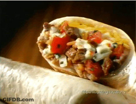 A Burrito Is Being Held In Someone 'S Hand With The Words " Advertising Locations " On The Bottom Right GIF