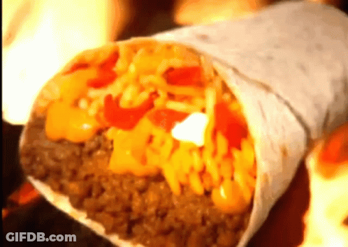 A Burrito With A Lot Of Toppings Including Cheese And Meat GIF