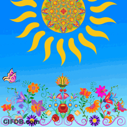 A Butterfly Is Flying In Front Of A Sun With The Words Good Morning Written On It GIF