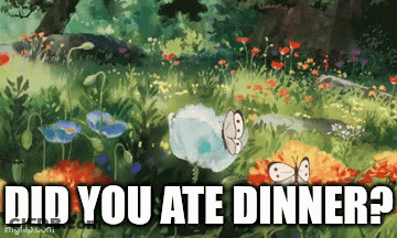 A Butterfly Is Flying Over A Field Of Flowers With The Words Did You Ate Dinner Below It . GIF