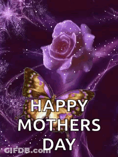 A Butterfly Is Sitting On A Purple Rose With The Words `` Happy Mothers Day '' Written Below It . GIF
