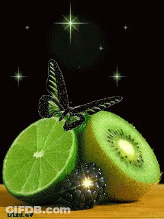 A Butterfly Is Sitting On A Slice Of Lime And Kiwi GIF