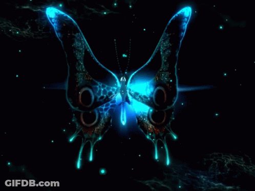 A Butterfly With Glowing Blue Wings Is Surrounded By Glowing Lights GIF