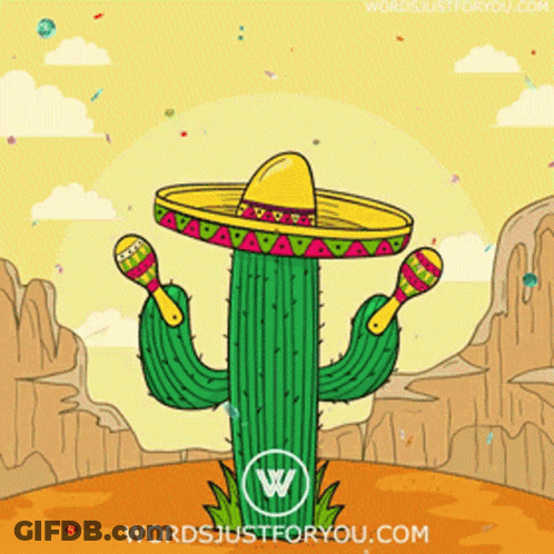A Cactus Wearing A Sombrero And Maracas With Wordsjustforyou.com In The Corner GIF