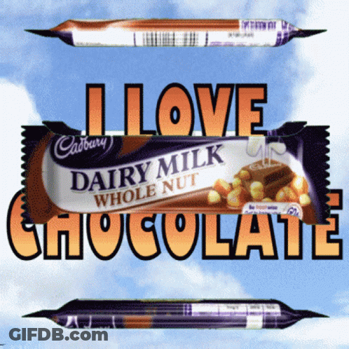 A Cadbury Dairy Milk Whole Nut Chocolate Bar With The Words I Love Chocolate Above It GIF