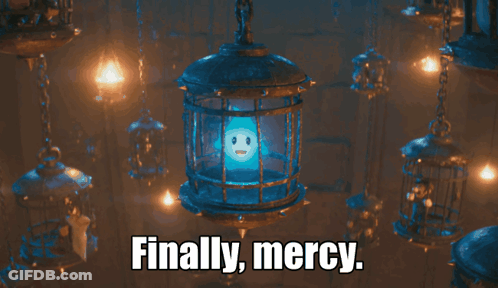A Cage With A Light Inside Of It And The Words Finally Mercy GIF