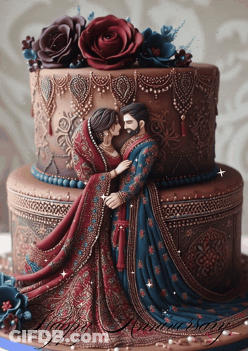 A Cake With A Bride And Groom On It And The Words Happy Anniversary GIF