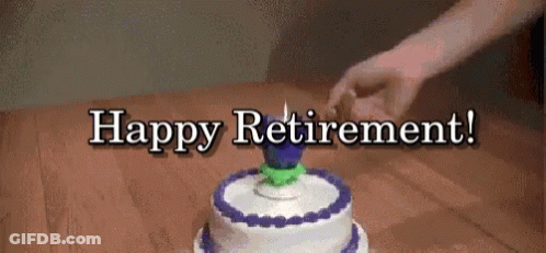 A Cake With A Purple Candle And The Words " Happy Retirement " Below It GIF